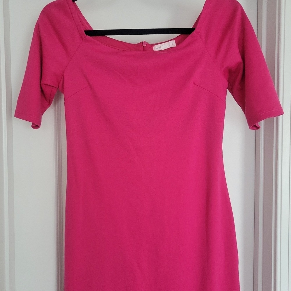 Socialite Bodycon Dress Hot Pink Stretch Square Neck Chic Size M - Picture 8 of 9